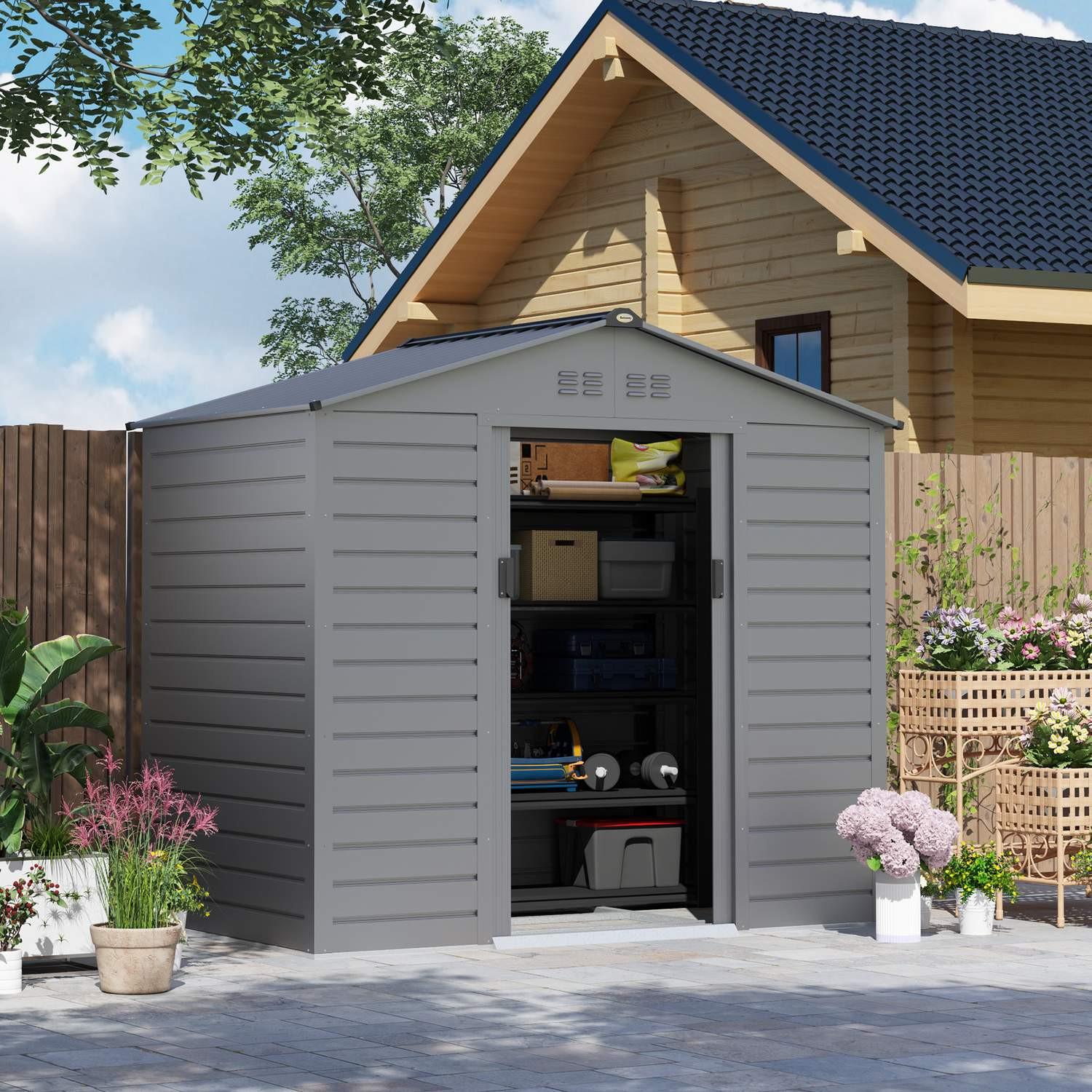 Northio Verzinkter Stahl Gerätehaus 2,43? 213x131x192cm Geräteschuppen mit Satteldach, Abschließbarer Schiebetür, wetterfest Gartenhaus, Outdoor Garten Schuppen für Hinterhof Außenbereich, Grau Aosom  