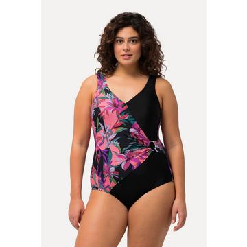 Maillot de bain floral à bonnets souples et décolleté esprit cache-cœur. Matière recyclée