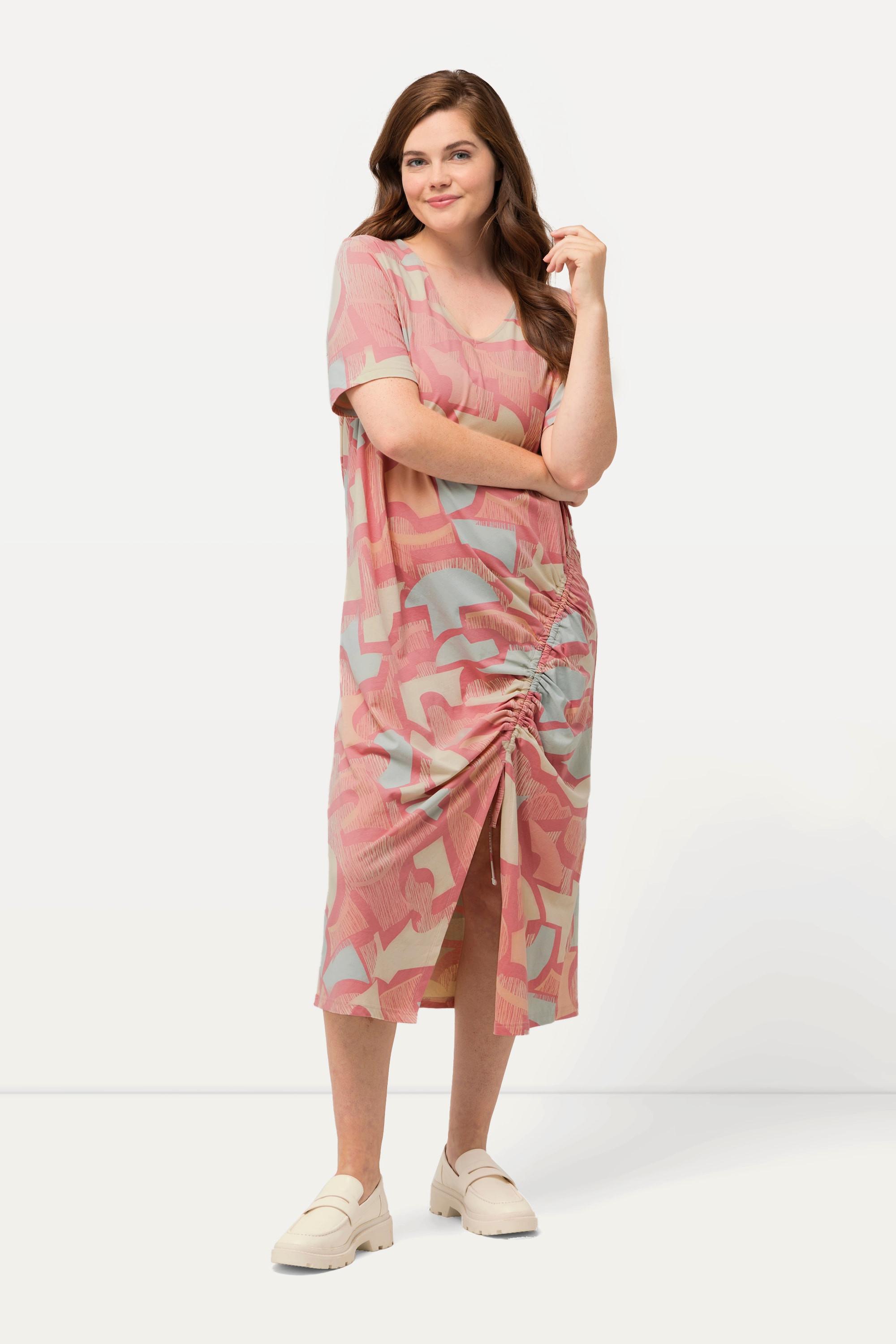 Ulla Popken Robe maxi Ruban à froncer Col V Manches courtes Coton bio  