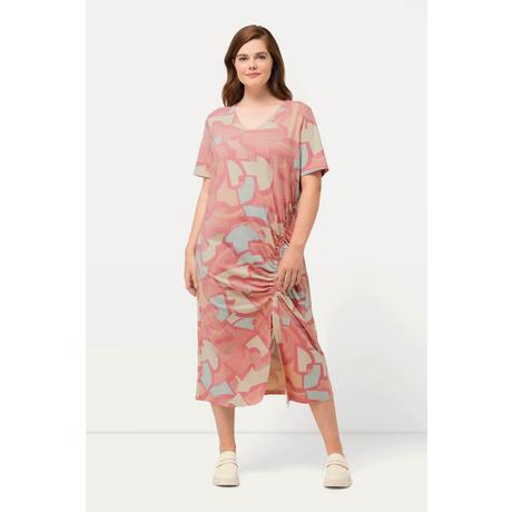 Ulla Popken  Robe maxi, ruban à froncer, col V, manches courtes, coton bio 