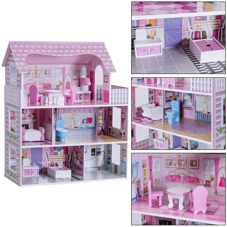 Northio  3 Etagen Puppenhaus aus Holz Puppenstube mit Möbeln & Zubehör Puppenvilla Mädchen Rosa 