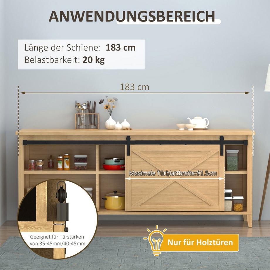 Northio  Schiebetürsystem Für Einzelschiebetür, Laufschiene Mit Zubehör, Kohlenstoffstahl, Schwarz, 183X0,6X18Cm 