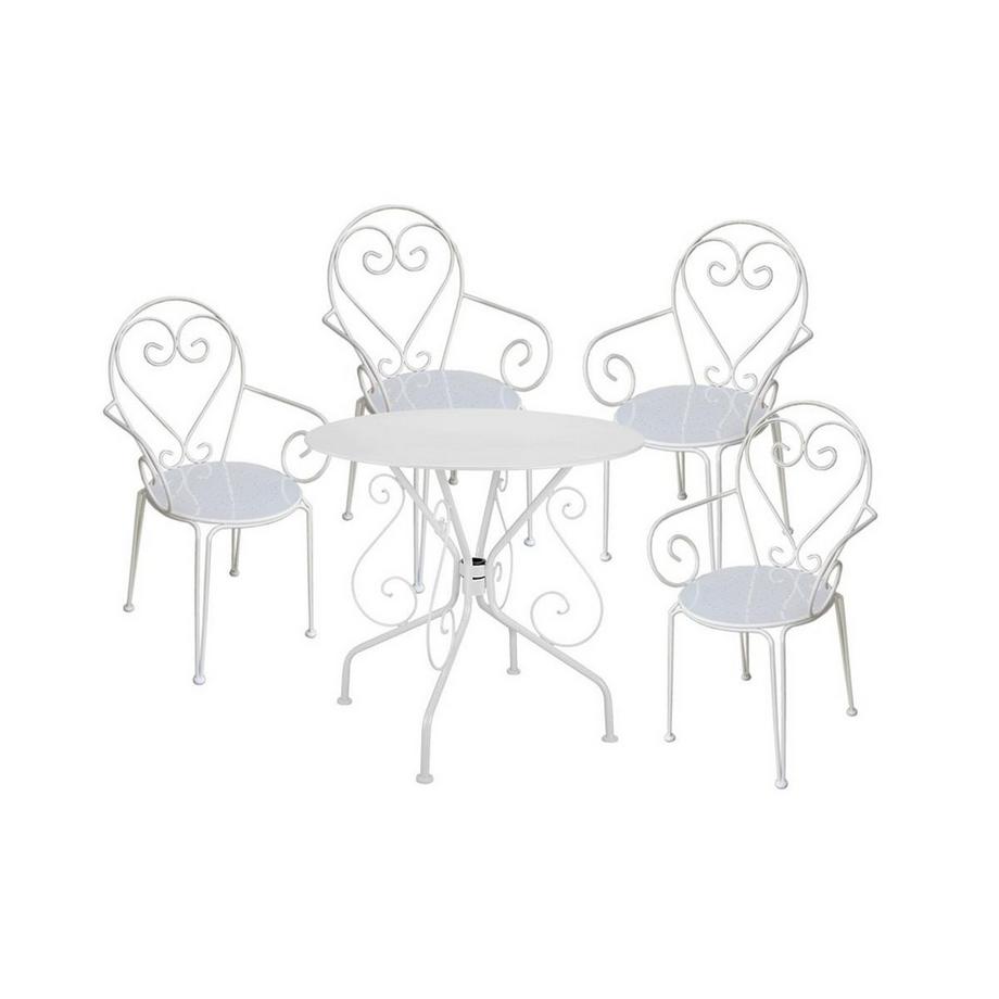 Vente-unique Salle à manger de jardin en métal façon fer forgé : une table et 4 fauteuils empilables blancs - GUERMANTES de MYLIA  