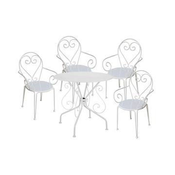 Salle à manger de jardin en métal façon fer forgé : une table et 4 fauteuils empilables blancs - GUERMANTES de MYLIA