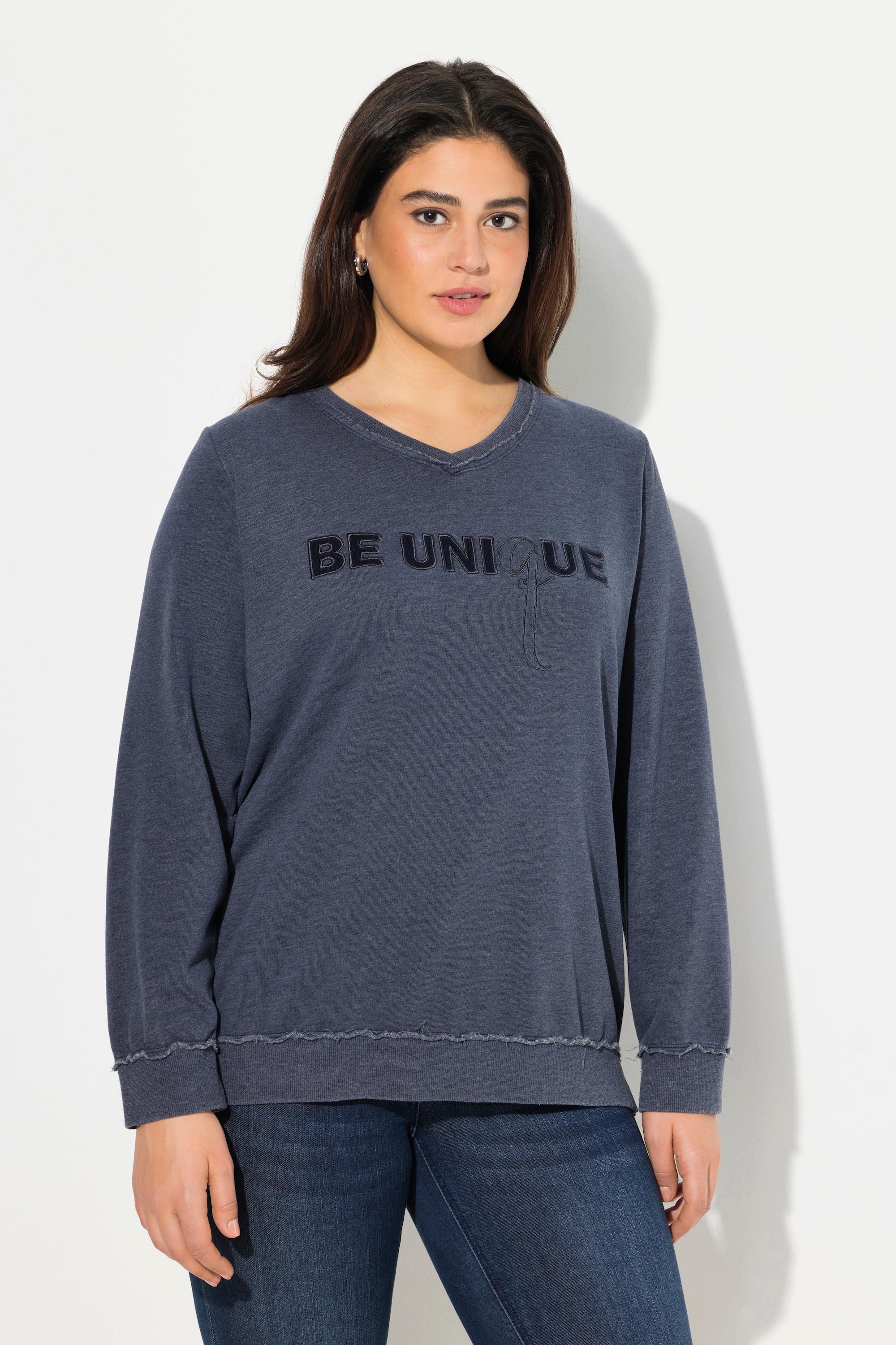 Ulla Popken  Sweat-Pullover, Schriftzug, V-Ausschnitt, Langarm 