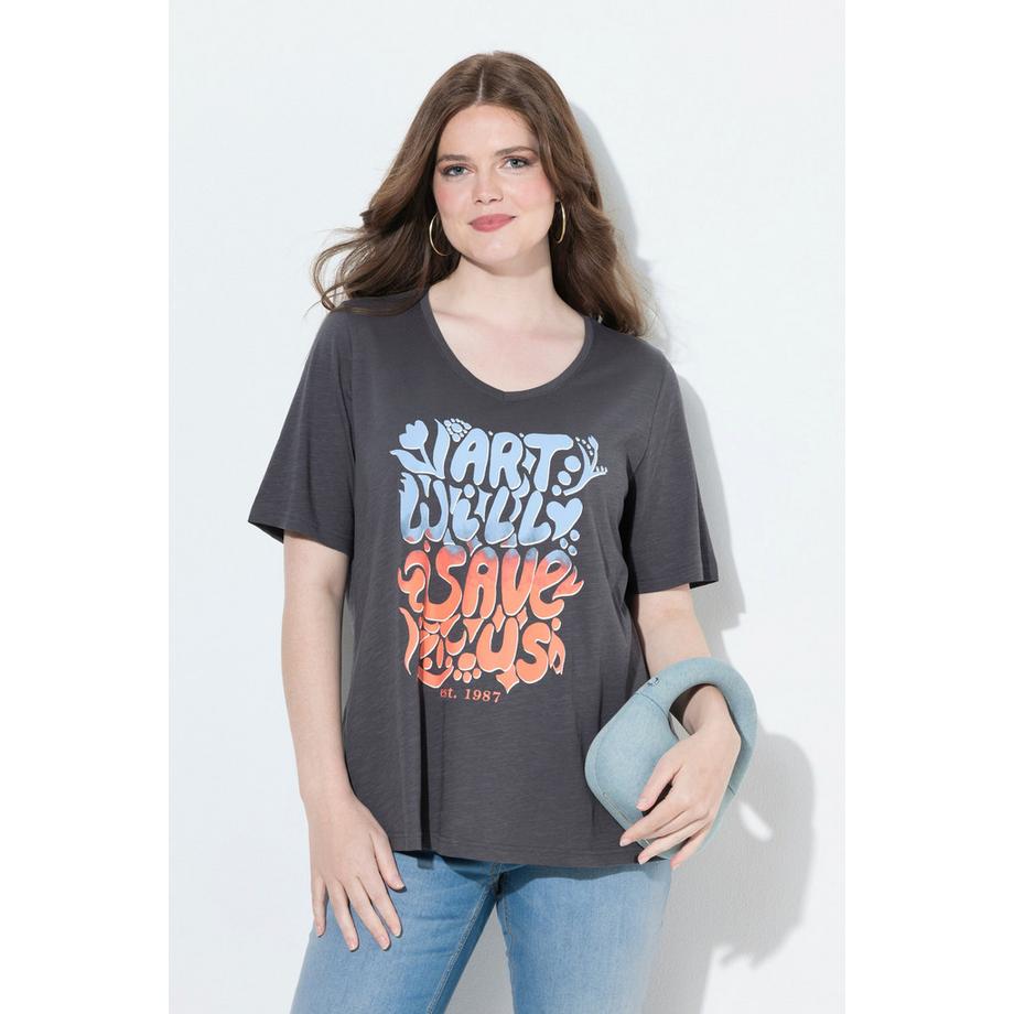 Ulla Popken Classic V-Ausschnitt Halbarm T-Shirt mit Schriftmotiv  