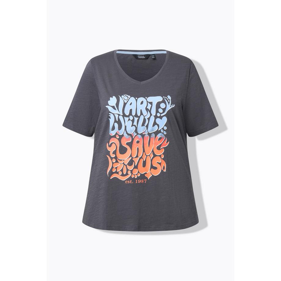 Ulla Popken Classic V-Ausschnitt Halbarm T-Shirt mit Schriftmotiv  