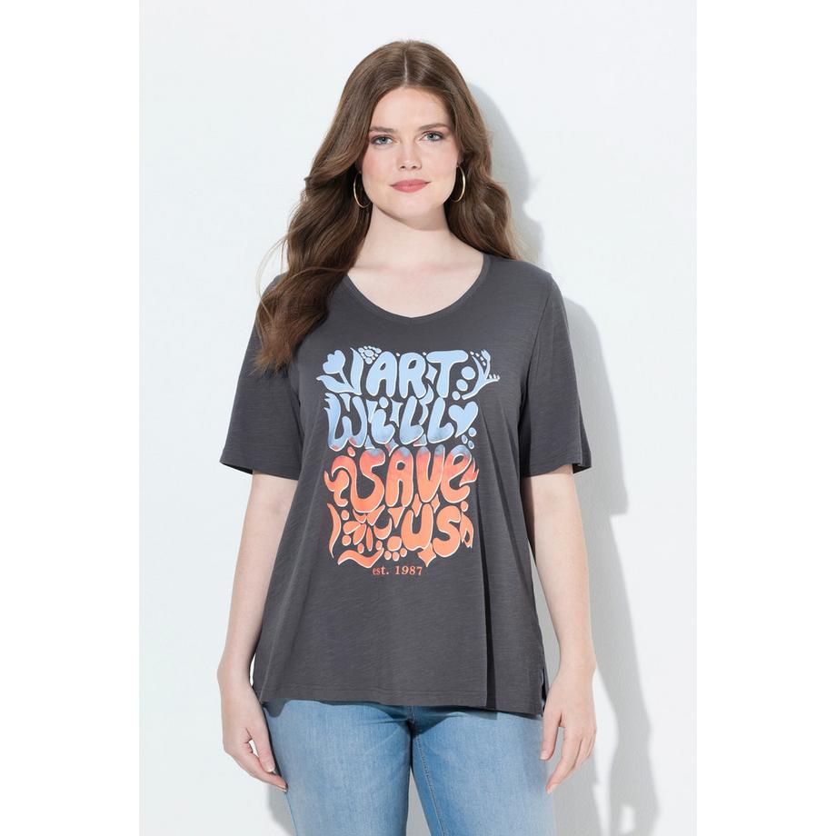 Ulla Popken Classic V-Ausschnitt Halbarm T-Shirt mit Schriftmotiv  