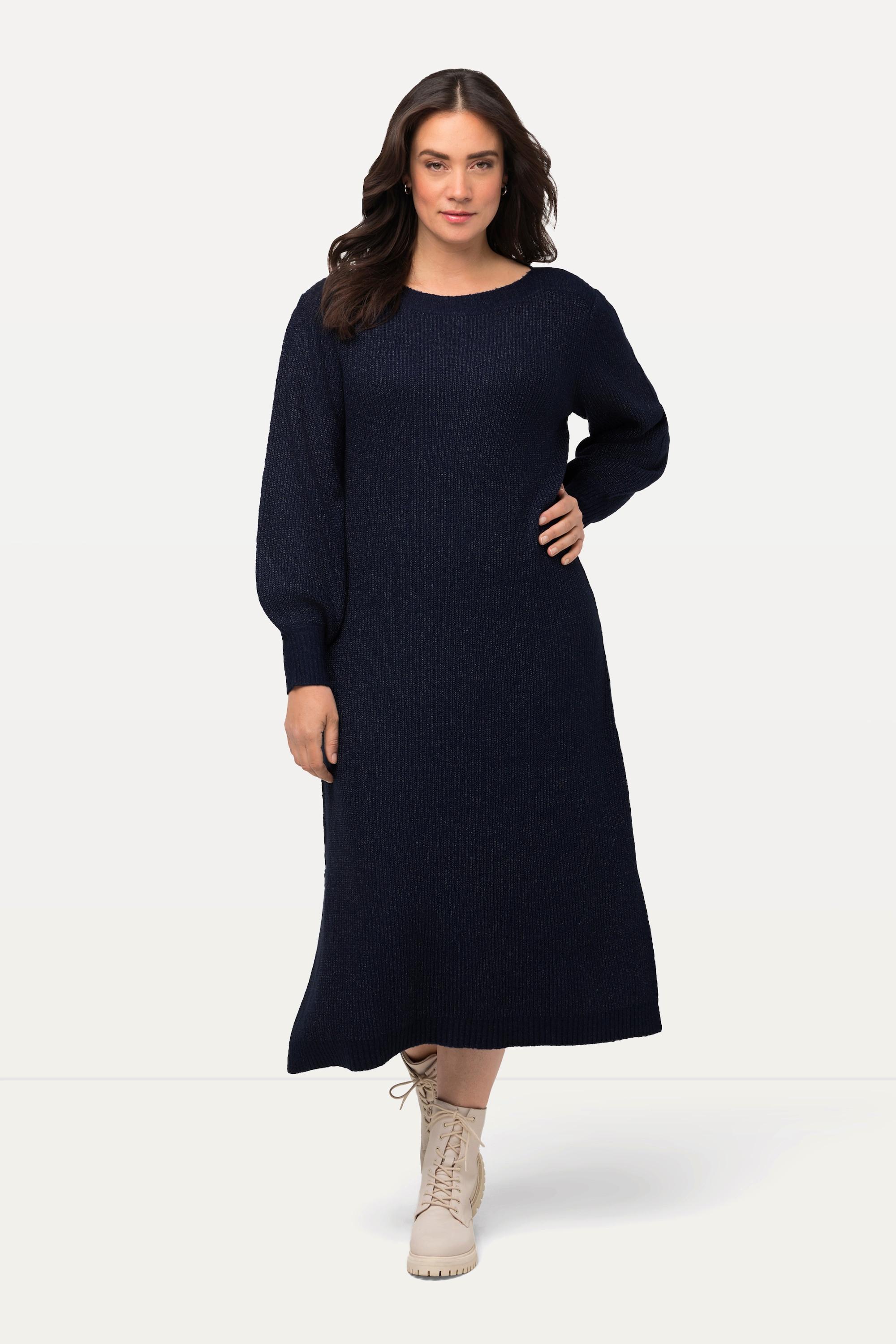 Ulla Popken  Robe midi en maille à col bateau et manches longues. Ligne en A. 