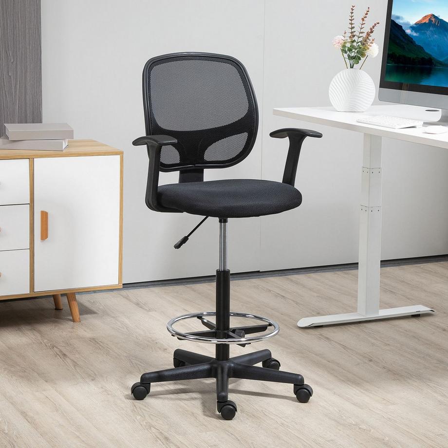 Northio Ergonomischer Bürostuhl Schreibtischstuhl, Drehstuhl, Zeichenstuhl, Verstellbarer Fußring, Bis 120 Kg, Schwarz, 60X56X110-132 Cm  