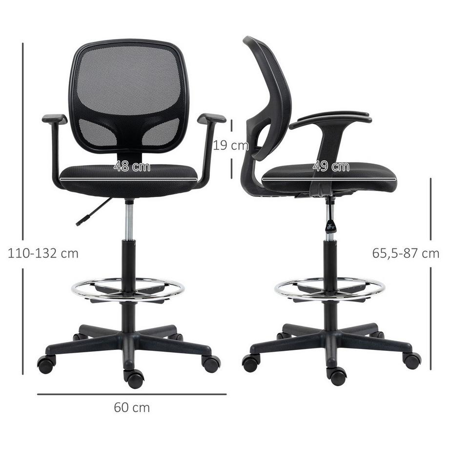 Northio Ergonomischer Bürostuhl Schreibtischstuhl, Drehstuhl, Zeichenstuhl, Verstellbarer Fußring, Bis 120 Kg, Schwarz, 60X56X110-132 Cm  