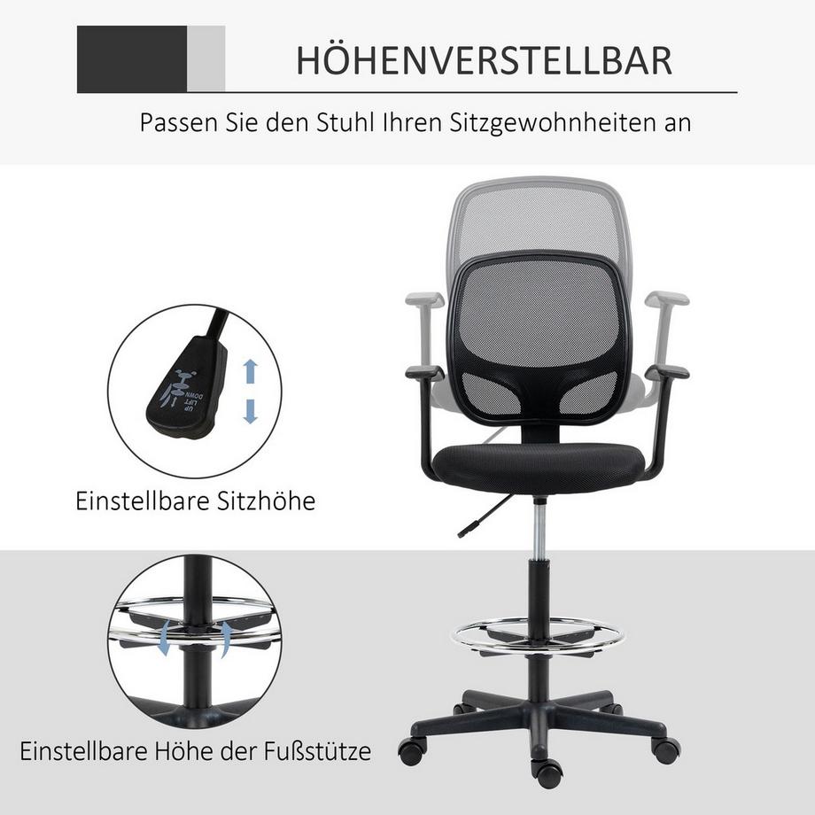 Northio Ergonomischer Bürostuhl Schreibtischstuhl, Drehstuhl, Zeichenstuhl, Verstellbarer Fußring, Bis 120 Kg, Schwarz, 60X56X110-132 Cm  
