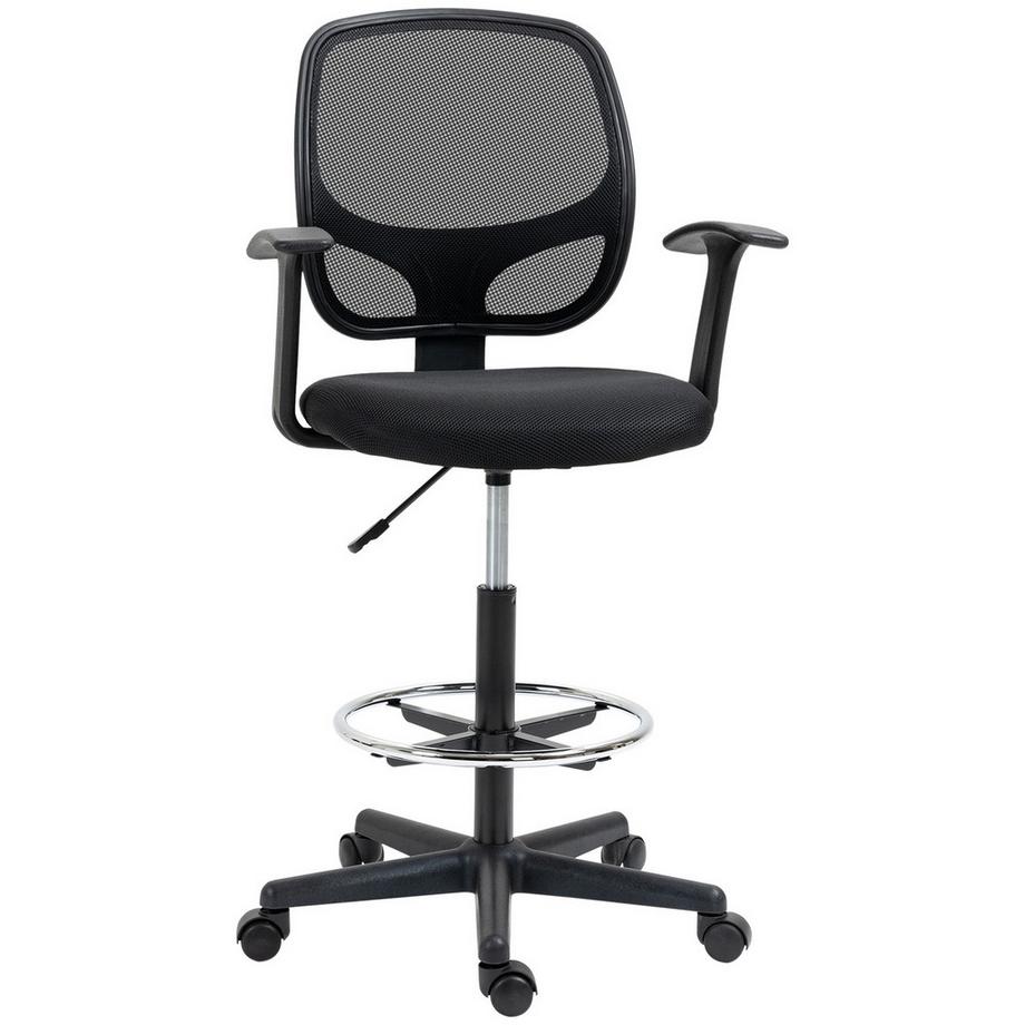 Ergonomischer Bürostuhl Schreibtischstuhl, Drehstuhl, Zeichenstuhl, Verstellbarer Fußring, Bis 120 Kg, Schwarz, 60X56X110-132 Cm