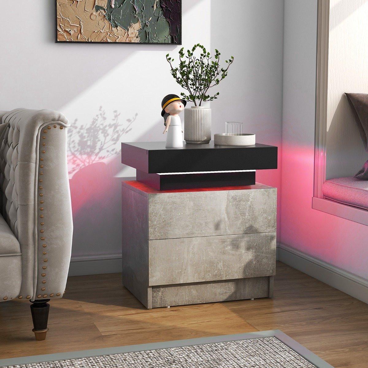 Northix Table de chevet avec lumières LED & 2 tiroirs & table de chevet télécommandée 45 x 35 x 52 cm gris  