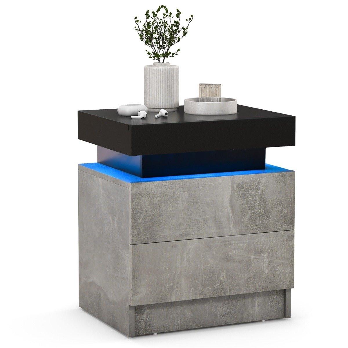 Northix Table de chevet avec lumières LED & 2 tiroirs & table de chevet télécommandée 45 x 35 x 52 cm gris  