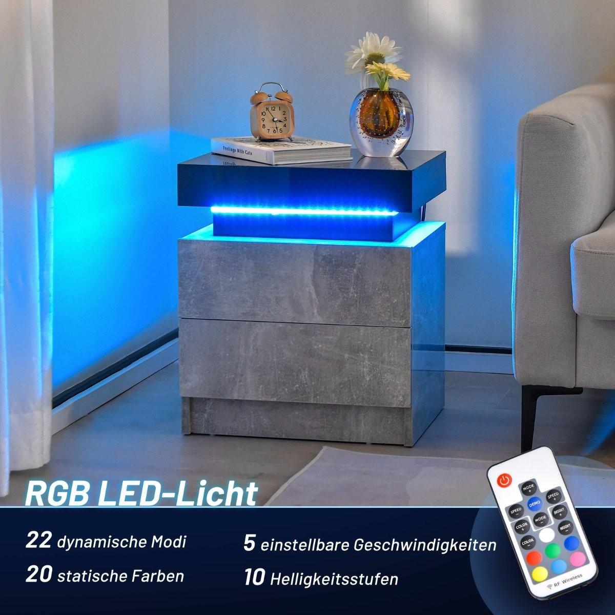 Northix Table de chevet avec lumières LED & 2 tiroirs & table de chevet télécommandée 45 x 35 x 52 cm gris  