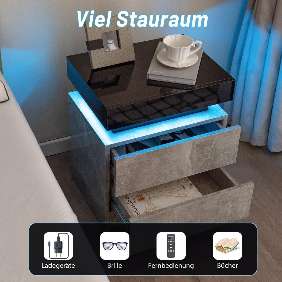 Northix Table de chevet avec lumières LED & 2 tiroirs & table de chevet télécommandée 45 x 35 x 52 cm gris  