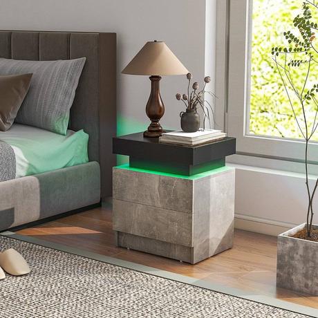 Northix Table de chevet avec lumières LED & 2 tiroirs & table de chevet télécommandée 45 x 35 x 52 cm gris  