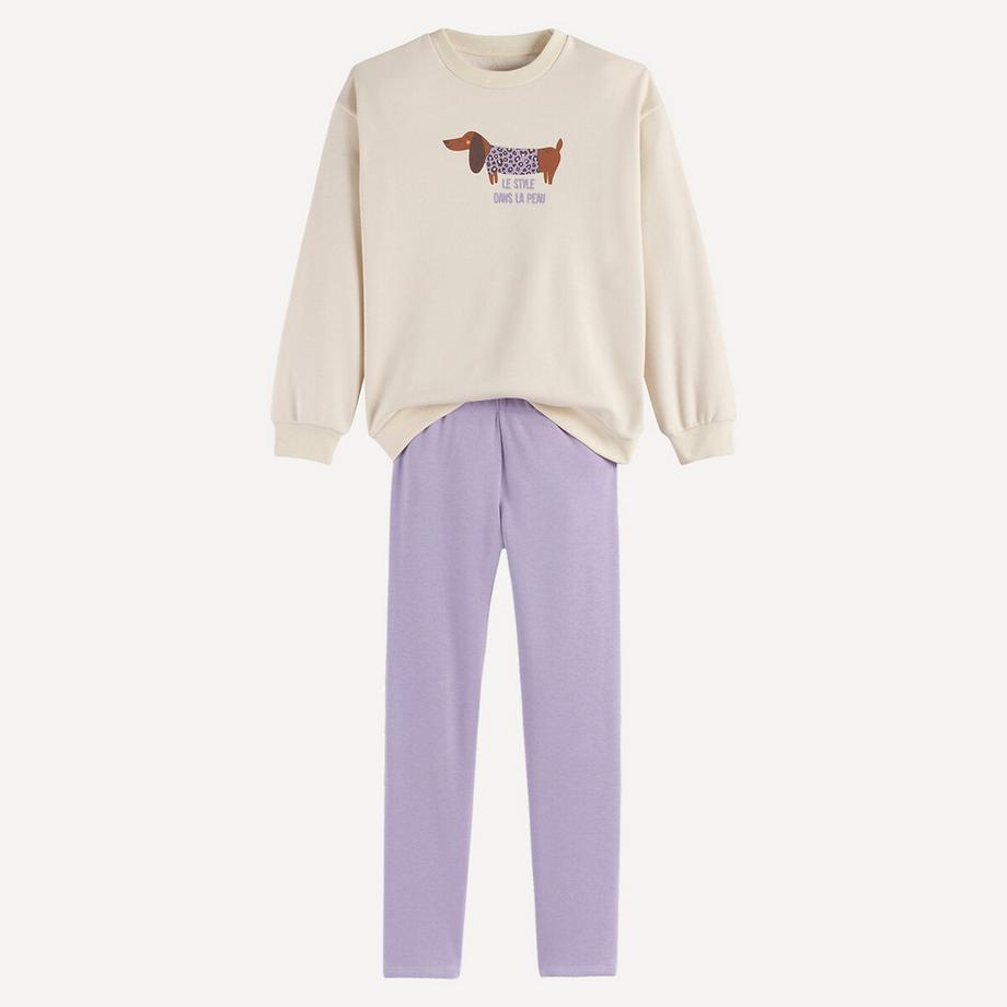 Fleece-gefütterter Molton-Pyjama mit Dackel-Motiv