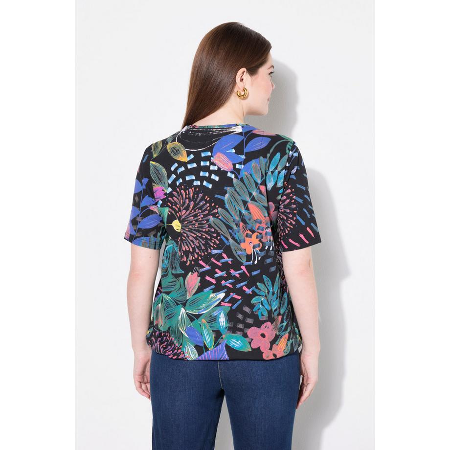 Ulla Popken T-shirt Imprimé Floral Col V Manches Courtes avec Ourlet Élastique  