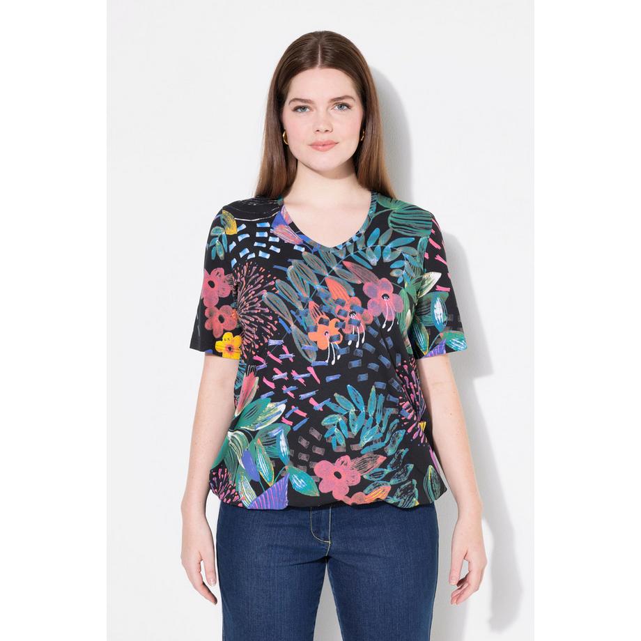 Ulla Popken T-shirt Imprimé Floral Col V Manches Courtes avec Ourlet Élastique  