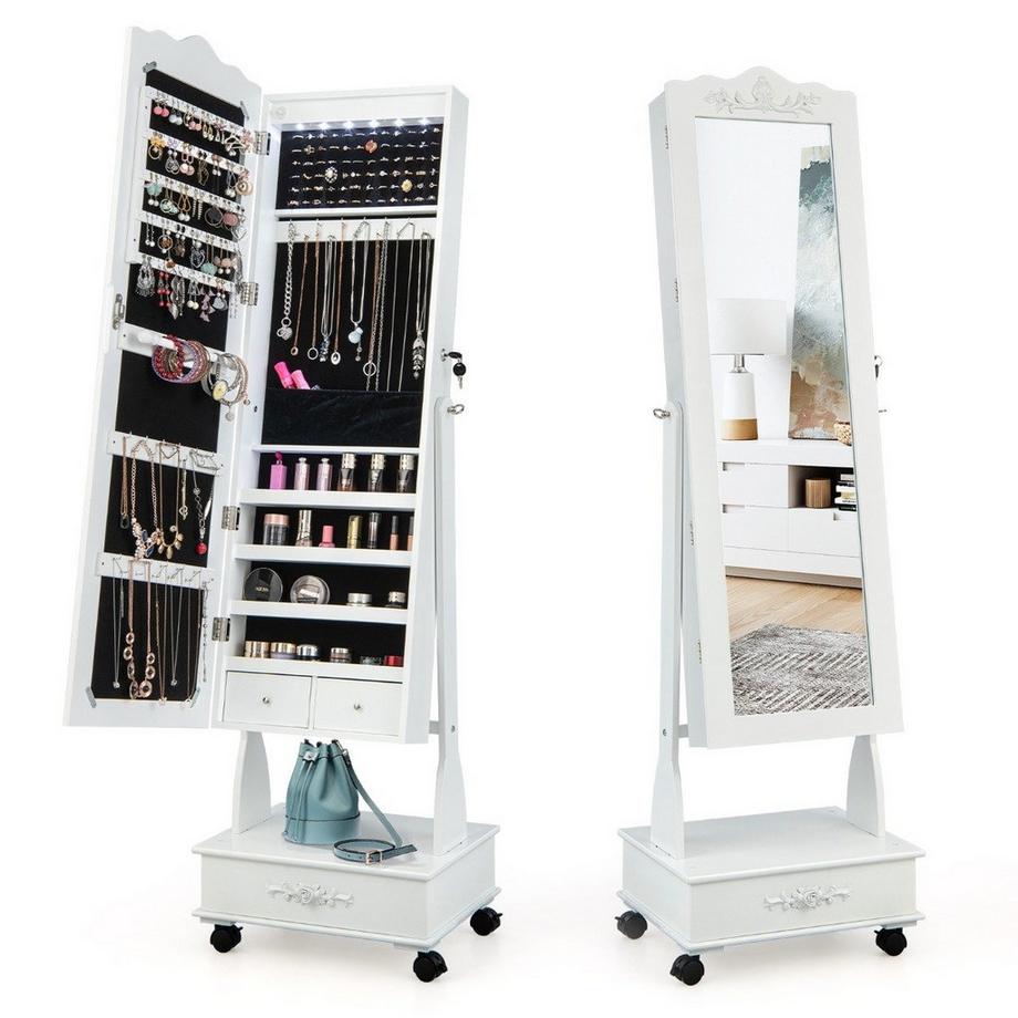 Northio Mobile a specchio per gioielli con specchio a figura intera, cassetti e LED bianco  