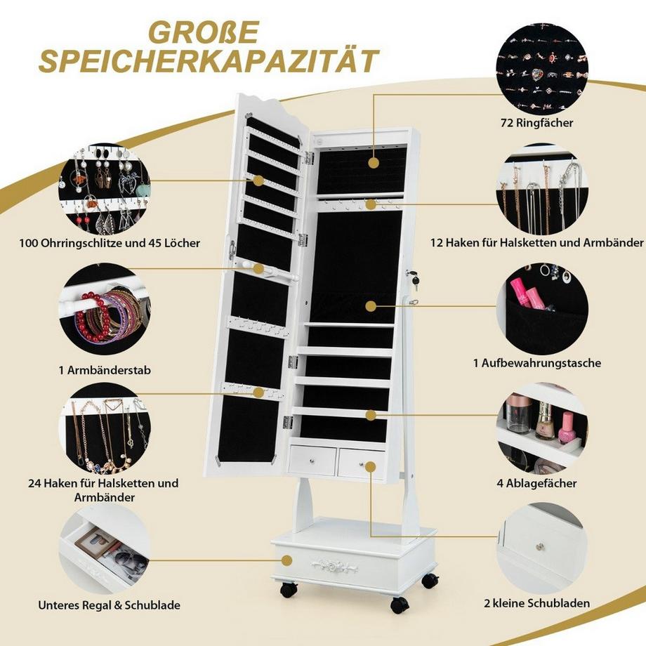 Northio Mobile a specchio per gioielli con specchio a figura intera, cassetti e LED bianco  