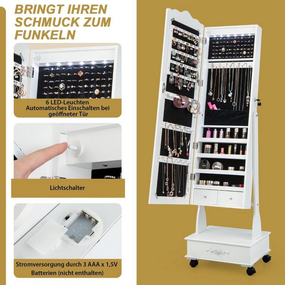 Northio Mobile a specchio per gioielli con specchio a figura intera, cassetti e LED bianco  