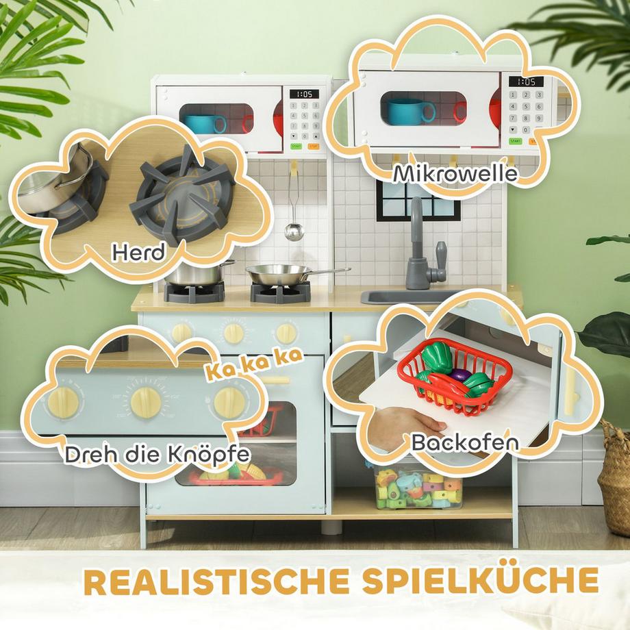 Northio  Kinderküche Spielküche mit Mikrowelle, Herd, Backofen und Küchenzubehör, Puppenküche mit Stauraum für 3+ Jahre Kinder, Blau 