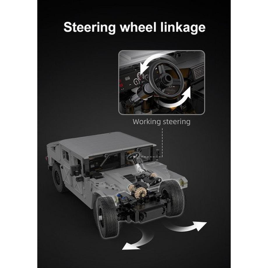 CADA       Technische Daten:      Anzahl Teile: 1386 Maßstab: 1:12 Abmessungen: 309x167x119mm Altersgruppe: 8+         Lieferumfang:        • 1x Humvee Bausatz (1386 Teile) • 1x Bauanleitung             Anzahl Teile : 1386                     