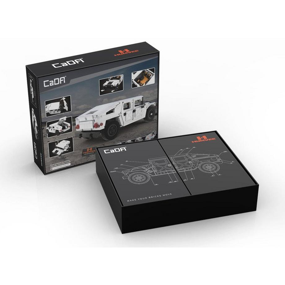 CADA       Technische Daten:      Anzahl Teile: 1386 Maßstab: 1:12 Abmessungen: 309x167x119mm Altersgruppe: 8+         Lieferumfang:        • 1x Humvee Bausatz (1386 Teile) • 1x Bauanleitung             Anzahl Teile : 1386                     