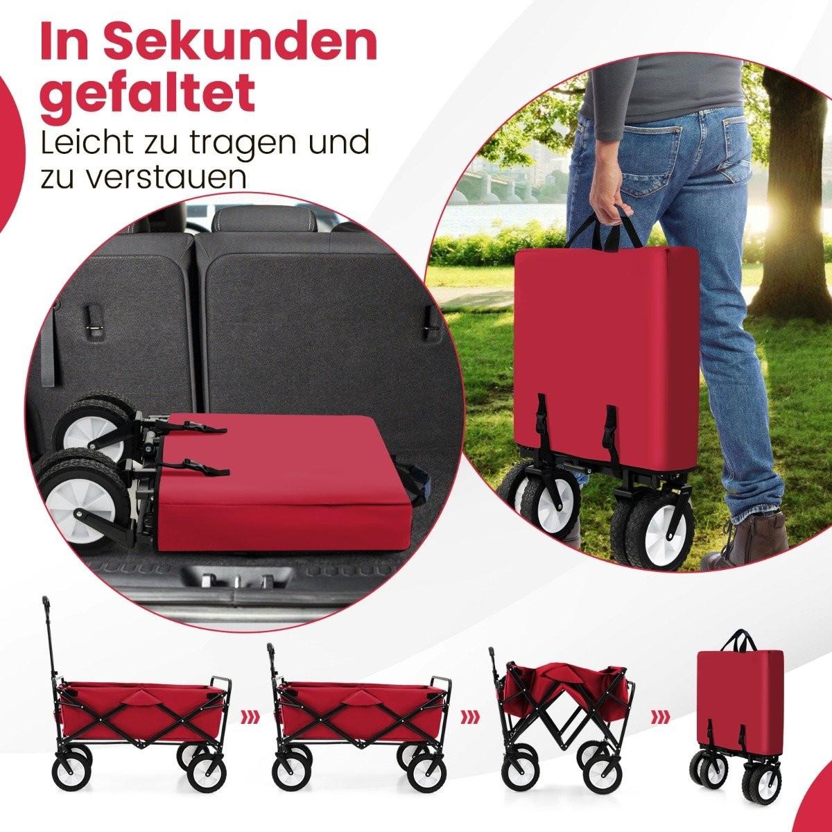 Northix Faltbarer Bollerwagen mit Verstellbarem Griff & Getränkehaltern bis 68 kg Belastbar für Einkaufen Camping Rot  