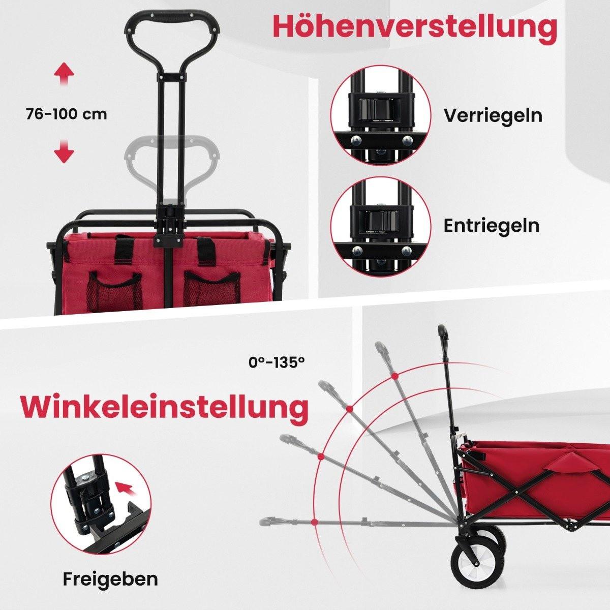 Northix Faltbarer Bollerwagen mit Verstellbarem Griff & Getränkehaltern bis 68 kg Belastbar für Einkaufen Camping Rot  