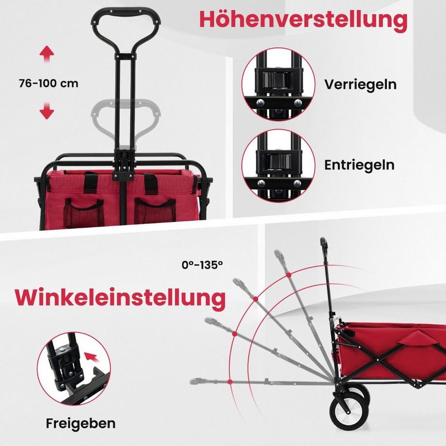 Northix Faltbarer Bollerwagen mit Verstellbarem Griff & Getränkehaltern bis 68 kg Belastbar für Einkaufen Camping Rot  