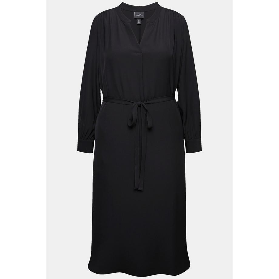 Ulla Popken Robe Midi Col V Ceinture à Nouer Manches Longues  