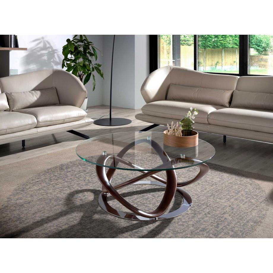 ANGEL CERDA Table basse ronde en verre trempé, noyer et acier chromé  