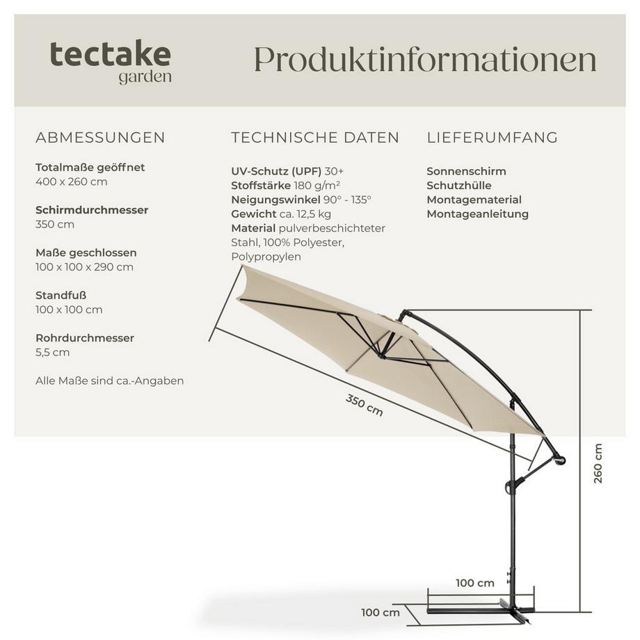 Tectake Sonnenschirm Ciccio Ø 350 cm leichtgängiger Mechanismus  