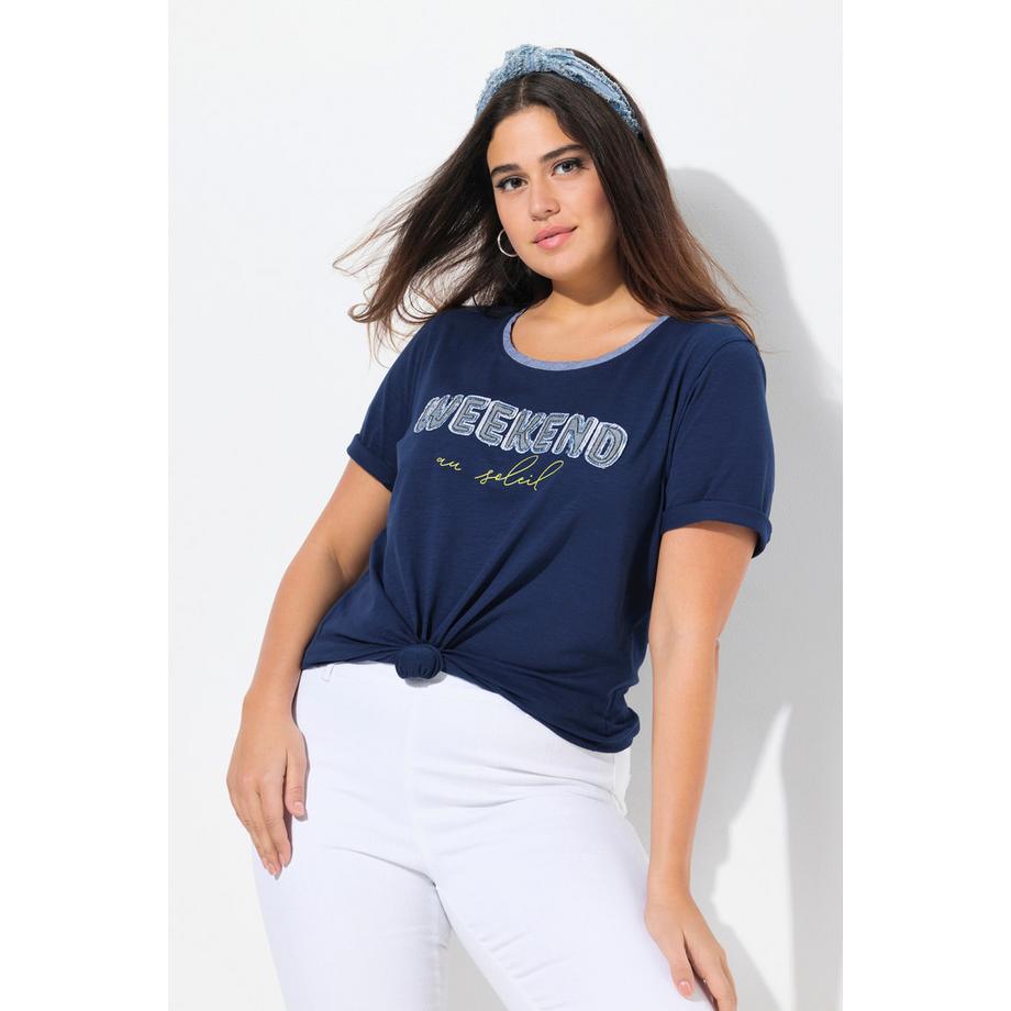 Ulla Popken T-shirt Message Denim Franges Col Rond Manches Courtes  