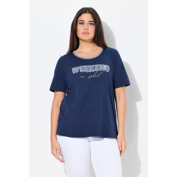 T-shirt avec message en denim frangé. Décolleté rond et manches courtes