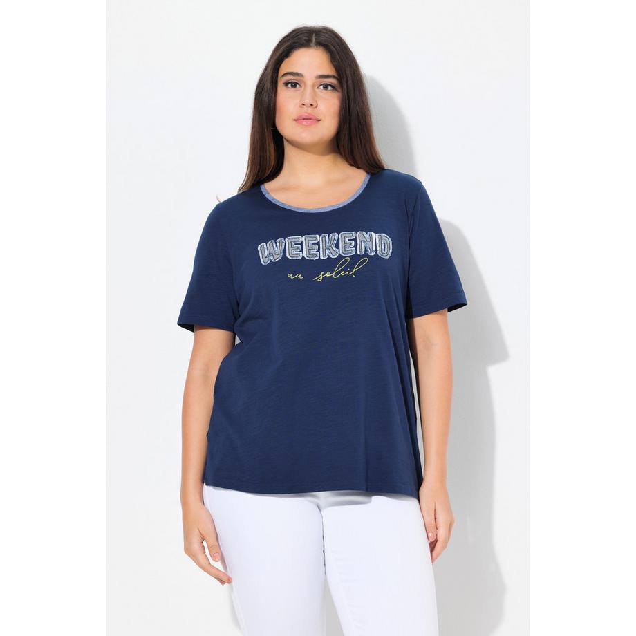 Ulla Popken T-shirt Message Denim Franges Col Rond Manches Courtes  