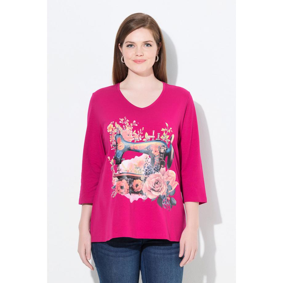 Ulla Popken Classic Nähmaschine Print V-Ausschnitt 3/4 Arm Shirt  