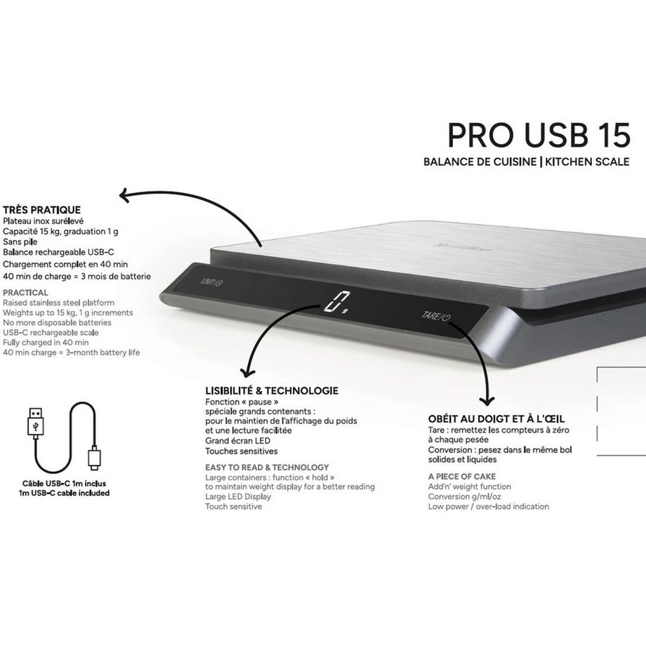 Terraillon Bilancia da cucina PRO USB-C 15kg Acciaio IP67  