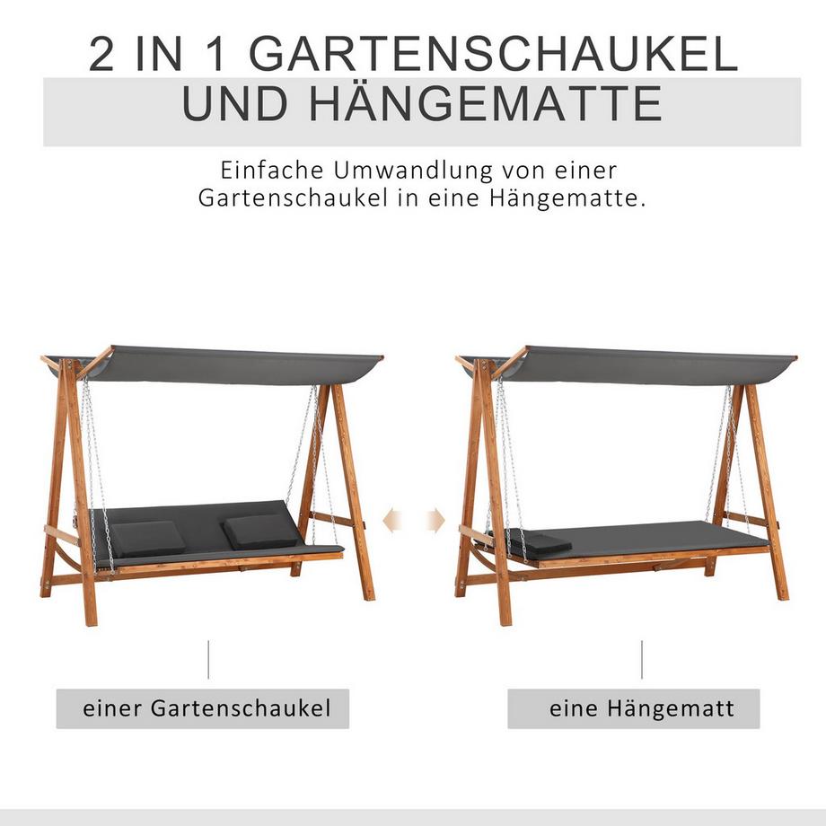 Northio Hollywoodschaukel Mit Bettfunktion 3-Sitzer, Gartenschaukel Mit Dach, Kiefernholz, Grau+Teak, 225,5X113X180Cm  