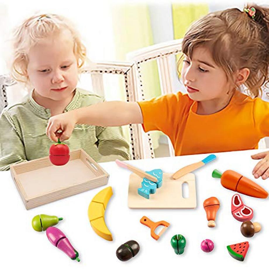 Activity-board  Spielküchenzubehör, Kinderküchenzubehör aus Holz, Kinderküchen-Holzspielzeug, Obst-Gemüse- und Fleisch-Kochsimulation Lernspielzeug 