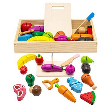 Accessoires de cuisine, accessoires de cuisine en bois pour enfants, jouets de cuisine en bois pour enfants, jouets d'apprentissage de simulation de cuisson de fruits, légumes et viandes.