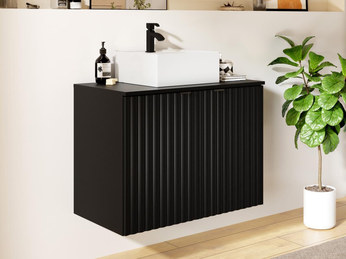 Vente-unique Meuble de salle de bain suspendu strié avec vasque à poser - Noir - L80 cm - ZILGA  