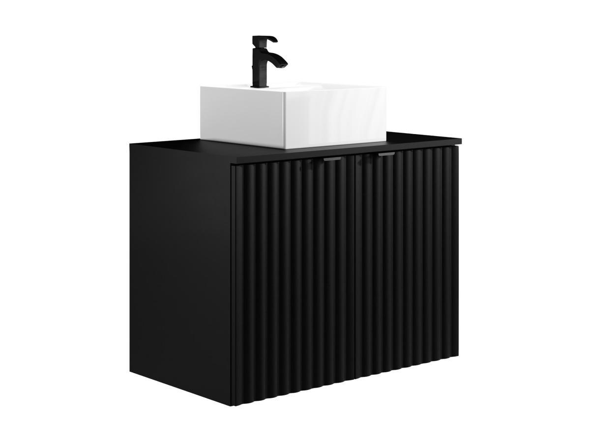 Vente-unique Meuble de salle de bain suspendu strié avec vasque à poser - Noir - L80 cm - ZILGA  