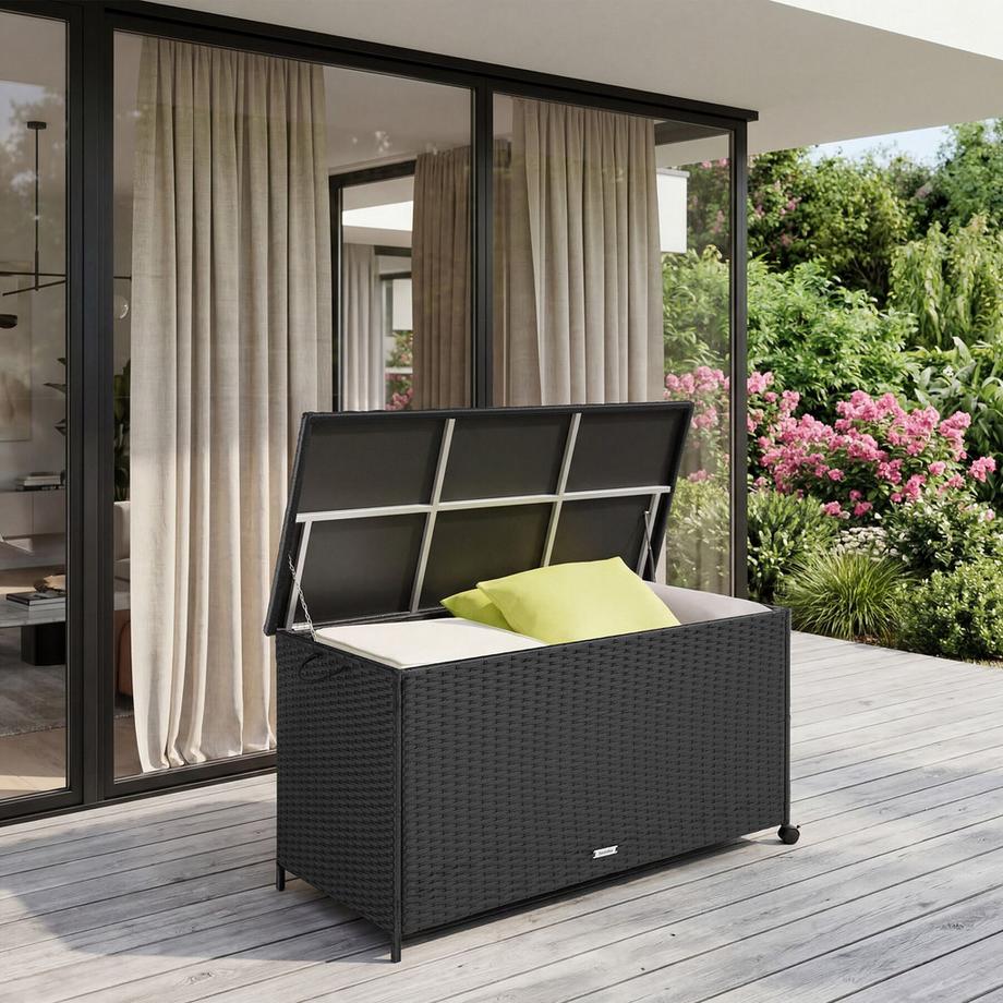Tectake Auflagenbox Kuusamo 253 l, mit Aluminiumgestell und Rattangeflecht Griffschlaufe und 2 drehbare Rollen mit Feststellbremse  