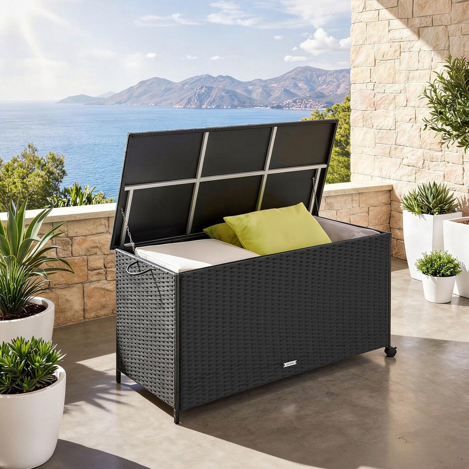 Tectake Auflagenbox Kuusamo 253 l, mit Aluminiumgestell und Rattangeflecht Griffschlaufe und 2 drehbare Rollen mit Feststellbremse  