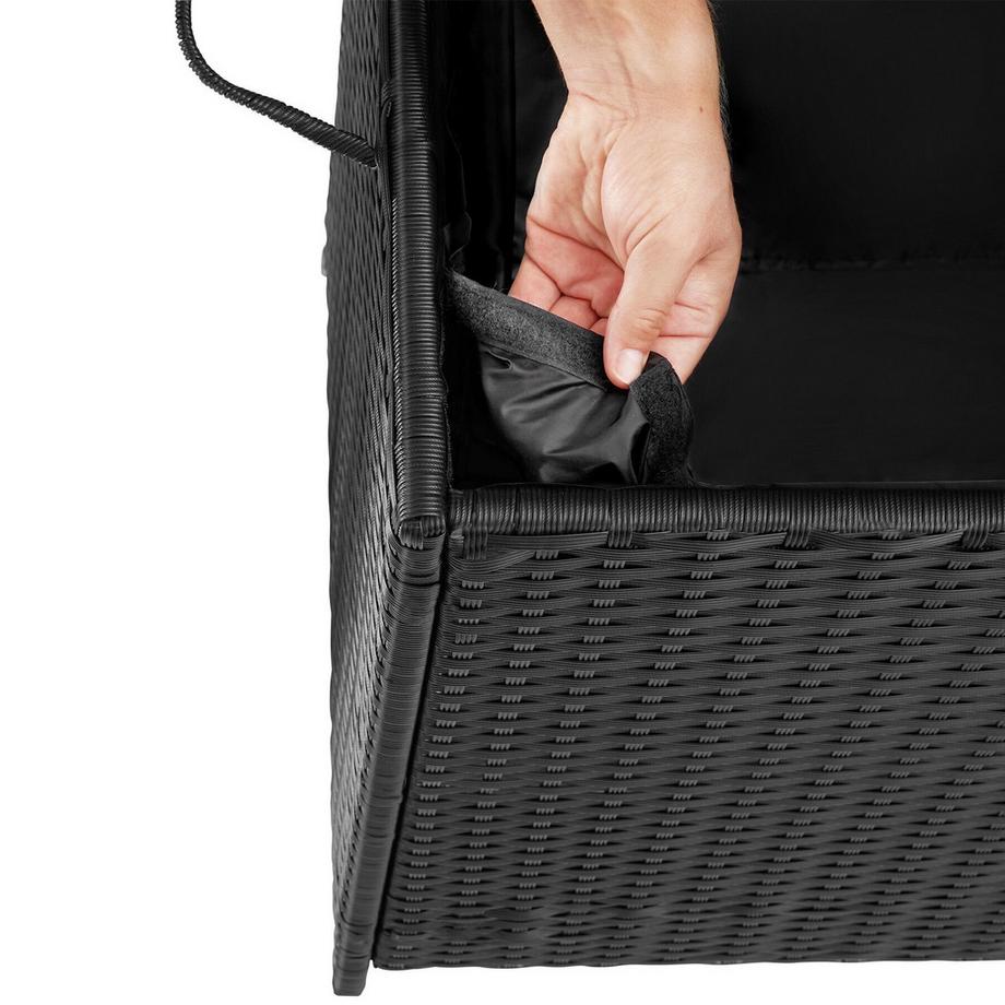 Tectake Auflagenbox Kuusamo 253 l, mit Aluminiumgestell und Rattangeflecht Griffschlaufe und 2 drehbare Rollen mit Feststellbremse  